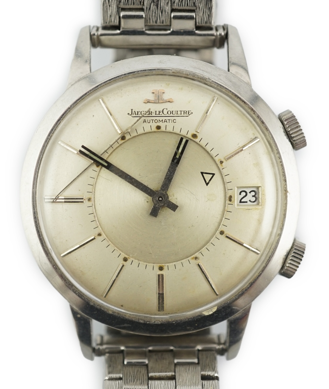 A gentleman's stainless steel Jager LeCoultre Memovox automatic alarm date wrist watch